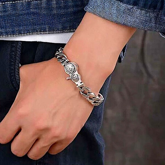 Stainless Steel Chain Link Bracelet, Mantra, Screwbar Curb Chain - Picture 2 of 13